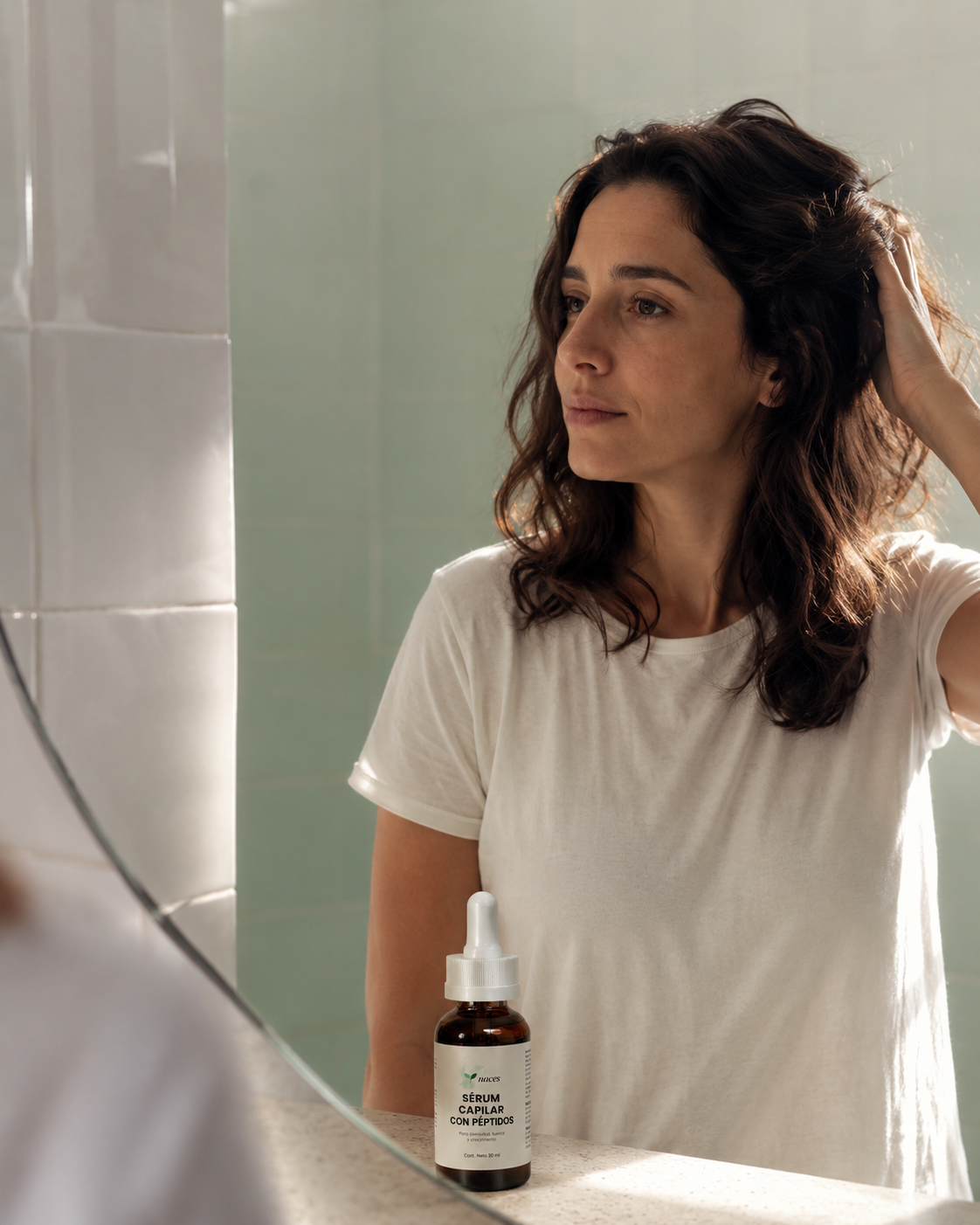 Mujer mirándose el pelo al espejo con luz natural